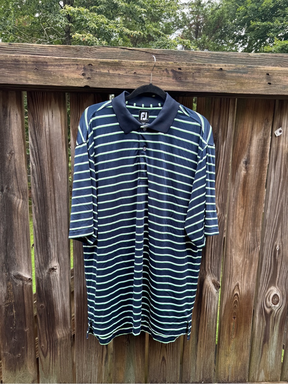 FootJoy Men's Navy Polo with Light Green Horizontal Stripes